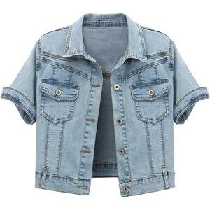 🆕Women Blue Short Sleeve Slim Crop Denim Trucker Jacket Jean Coat Tops